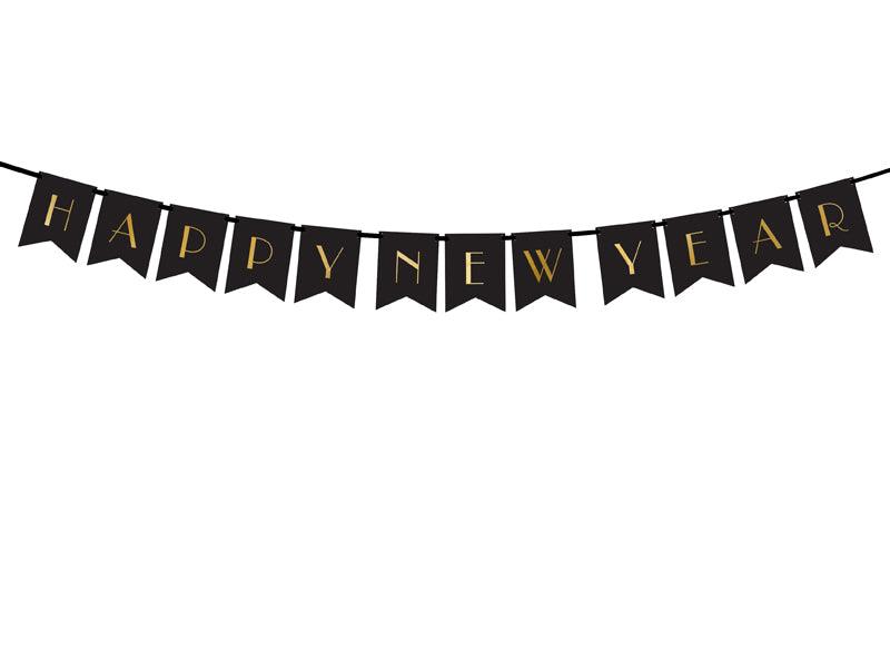 Banner Happy New Year, in Schwarz, 15 x 170 cm - FeierGlanz
